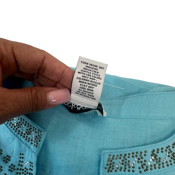 Peck & Peck Blue Embroidered Linen Tunic Top 3/4 Sleeves & Split Neckline-SZ XL - Picture 3 of 12